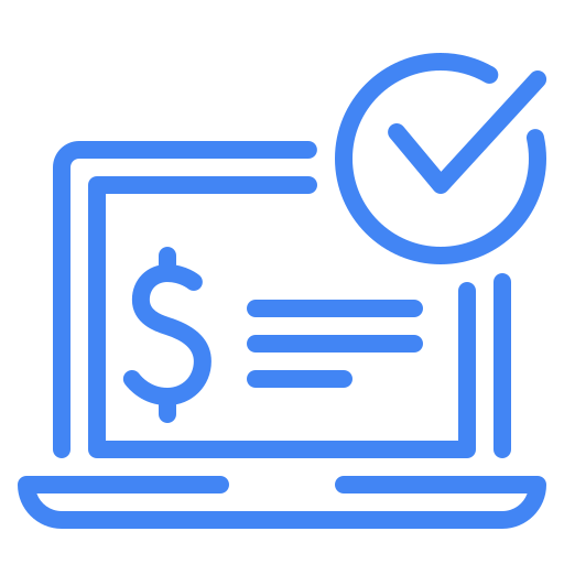 blue laptop with dollar and tick symbol icon